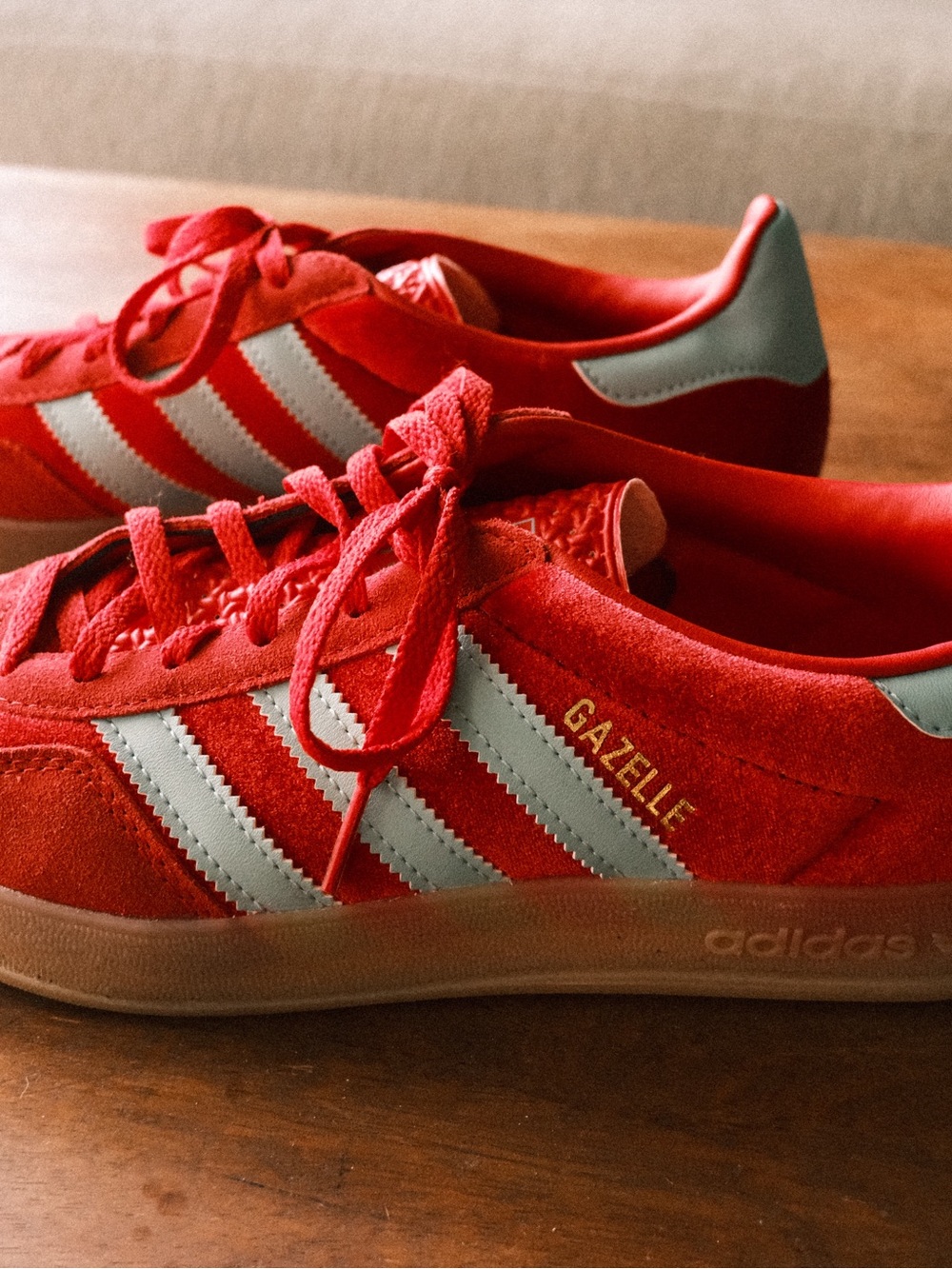Adidas Gazelle - Red Suede Sneakers with Turquoise Stripes - Picture 5 of 8